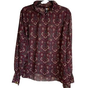 Lane Bryant Sheer Blouse Ruffle Neck Smocked Bodice Floral Burgundy Sz 20